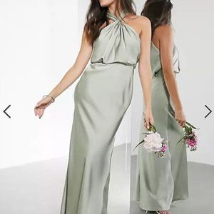 ASOS satin ruched halter neck maxi dress in sage green